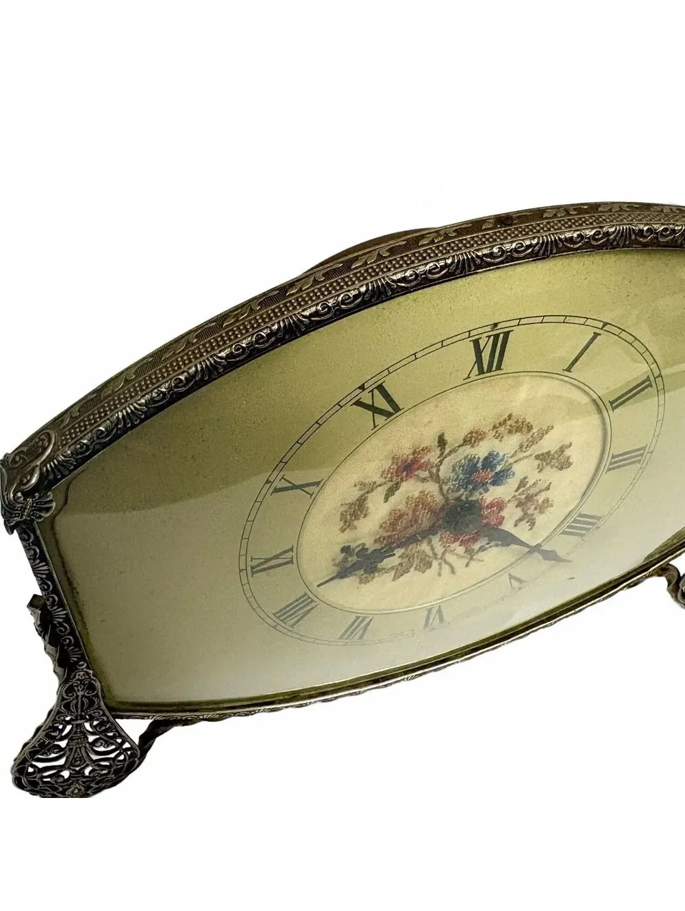 Antique Filigree Brass Table Clock with Floral Petit Point Flowers